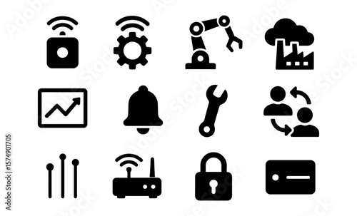 Industrial icons set: automation, iot, industry 4.0, black silhouettes