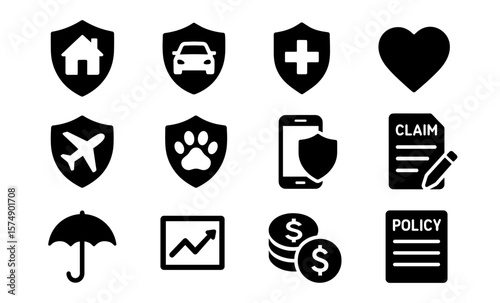Black silhouette insurance and protection icons collection