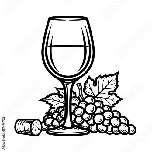 Wine glass beside bunch of grapes and cork in black and white