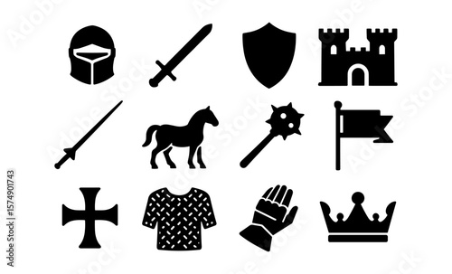 Medieval icons collection: knight, sword, and castle silhouettes