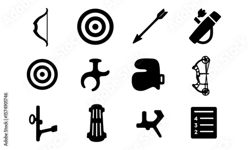 Archery icons set: bow, arrow, target, equipment silhouettes for sports design