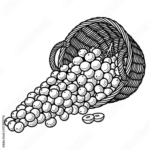 Spilled basket of grapes on wooden surface in black and white