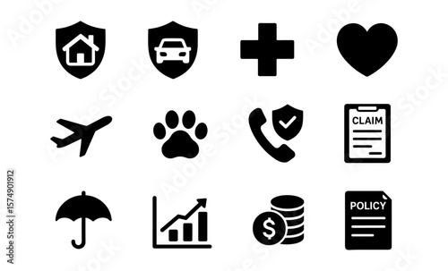 Essential insurance icons: home, car, medical, travel, pet, finance