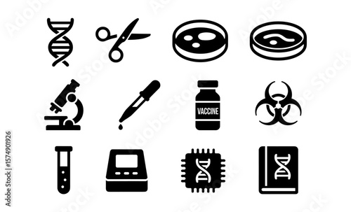 Biotechnology icons set: dna, microscope, vaccine, and more in bold silhouette style