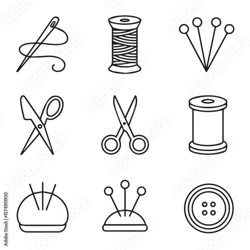 A collection of sewing icons including a needle, thread, spools, scissors, pins, and a button