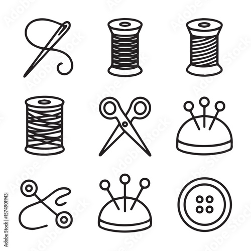A variety of sewing icons displaying a needle, thread, spools, scissors, pins, and a button