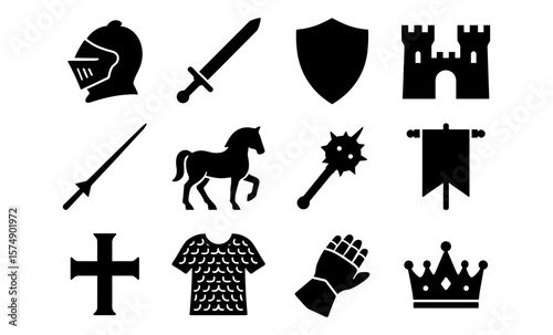 Medieval silhouette icons set featuring knight, sword, castle, and crown