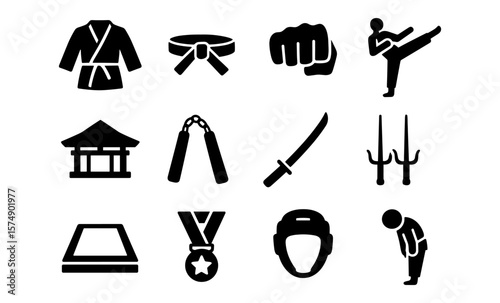 Martial arts icons set: karate, kickboxing, equipment, and symbols