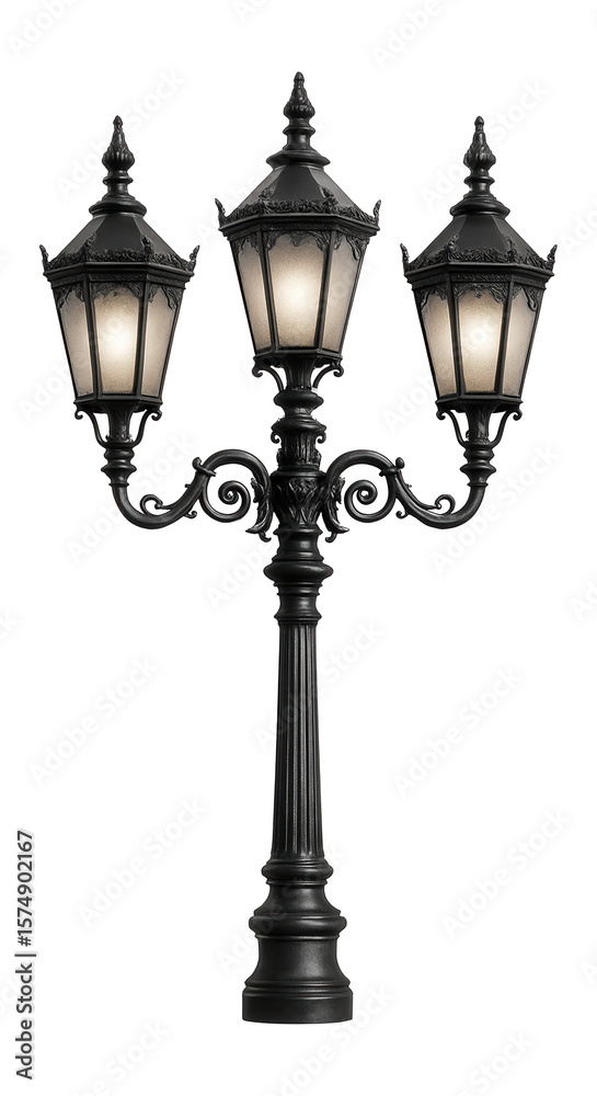 Traditional Victorian-style street lamp with a triple head and ornamental finials, enhancing the curb appeal of a historic neighborhood. Traditional Victorian-style street lamp with a triple head and ornamental finials, enhancing the curb appeal of a historic neighborhood.