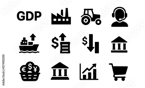 Economic growth icons set featuring gdp, transportation, and finance symbols