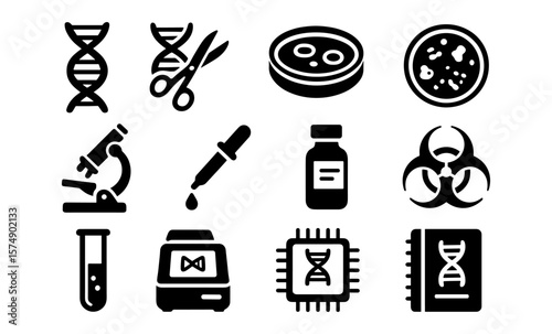 Essential science icons set featuring lab equipment and dna symbols in bold silhouette style