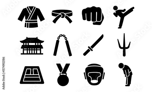 Martial arts silhouettes: karate, taekwondo, nunchaku, dojo, and more