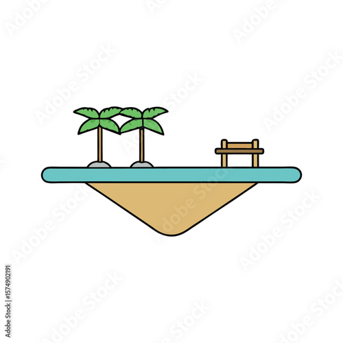 A tropical island with palm trees and a bench isolated on white
