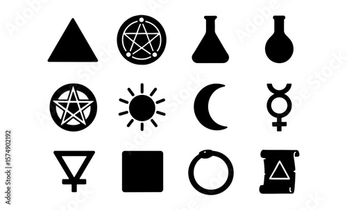 Alchemy icons collection featuring symbols like pentagram and philosopher's stone