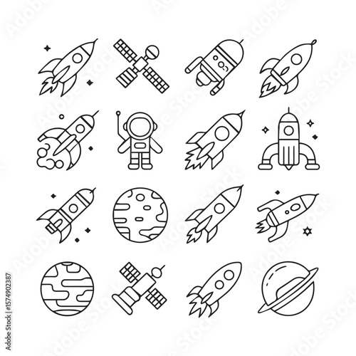 An exciting assortment of line art icons featuring rockets, planets, satellites, and an astronaut