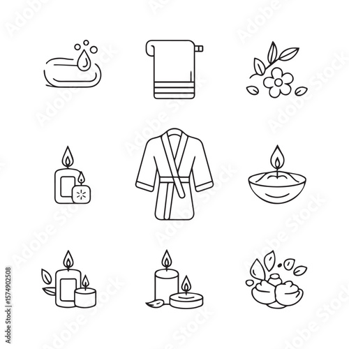 A collection of spa and wellness icons including soap, towels, candles, and a bathrobe
