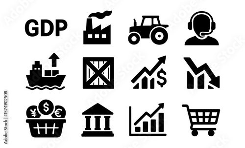 Economic growth and decline icons: gdp, industry, finance, and trade