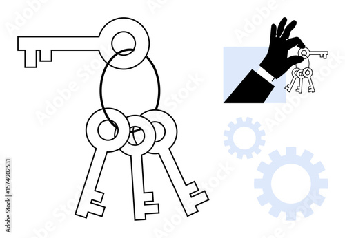 Black hand silhouette holding keyring with several keys. Gears symbolize teamwork, access, opportunity, success, innovation, leadership, and unlocking potential. Simple flat metaphor