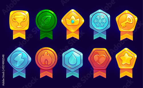 Game rank badges shields pack asset, level achievement medals vector set. Trophy icons with ribbons in bright colors with symbols for recognizing accomplishment in gaming and enhancing user experience
