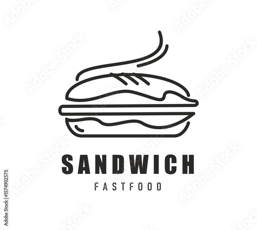 Sandwich icon, black line art emblem with hot sandwich with steam, crispy bread and filling. Vector fast food label for restaurant, menu, snack bar, delivery service brand, bistro or street meal cafe