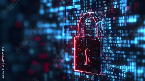 Digital Security: A glowing lock superimposed over a background of digital data. Suggesting security, encryption, and protection of sensitive data.