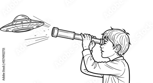 Boy looking at UFO through telescope in black and white