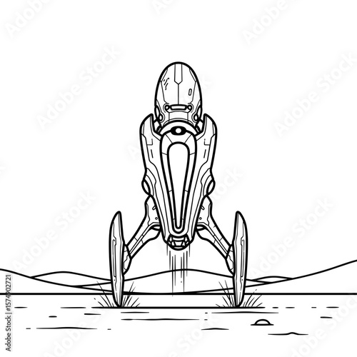 Alien spaceship landing on barren landscape in black and white