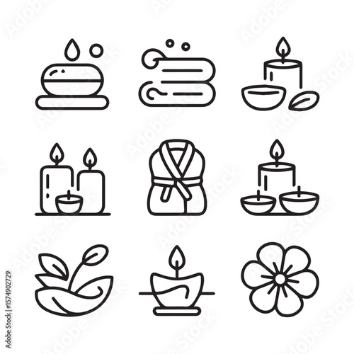 A set of spa and wellness icons featuring soap, folded towels, lit candles, and a bathrobe