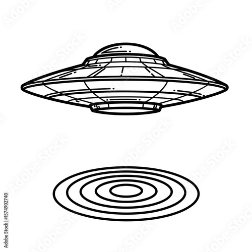 UFO hovering with circular patterns below in black and white