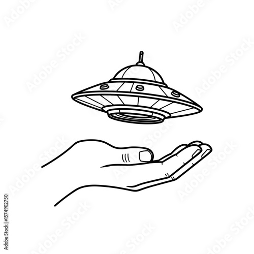 Hand catching UFO hovering above in black and white