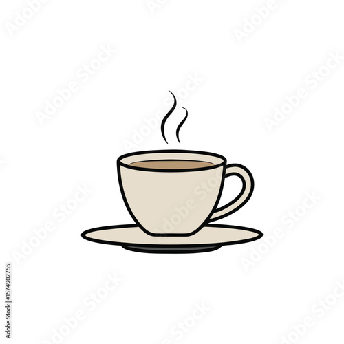 A steaming cup of coffee on a saucer, isolated on white