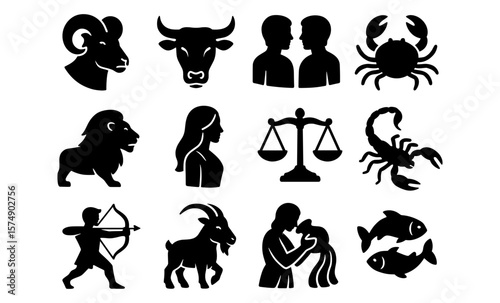 Zodiac signs silhouettes collection featuring aries, leo, taurus, aquarius, and pisces