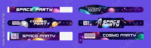 Kids space party wristband bracelets pass. Holiday hand wristlet mockup for cosmic themed celebrations. Vector set of celestial bands with bar and qr codes, planets, rockets and stars in galaxy