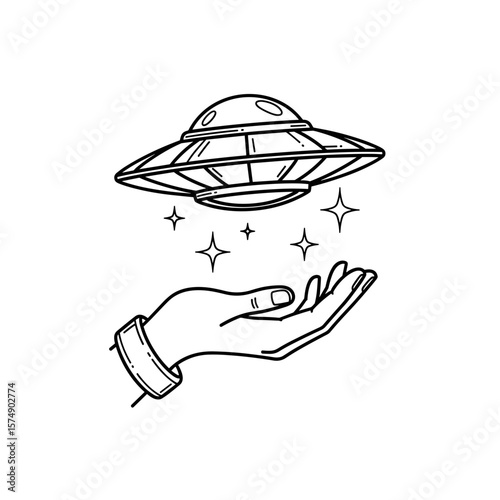 Hand reaching for flying saucer with stars in black and white