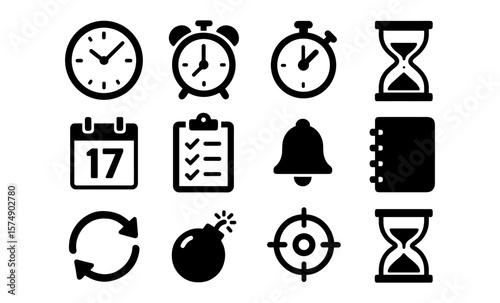 Simple time management icons set featuring clocks, calendars, and hourglasses