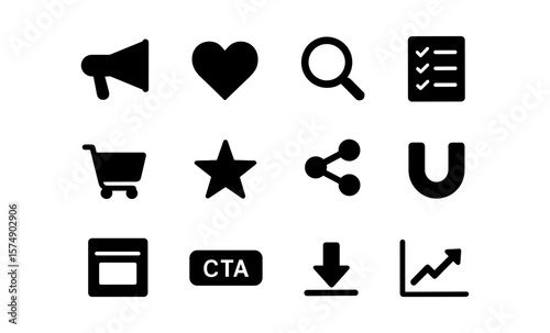 Digital marketing funnel icons: black and white symbols for online strategies