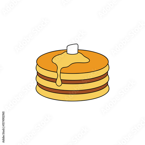 A stack of golden brown pancakes with melting butter and syrup
