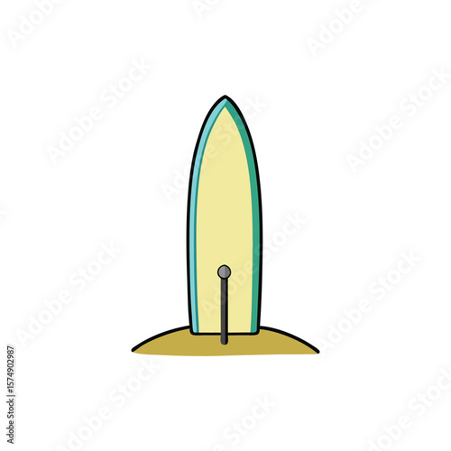 A surfboard standing upright on a sandy beach