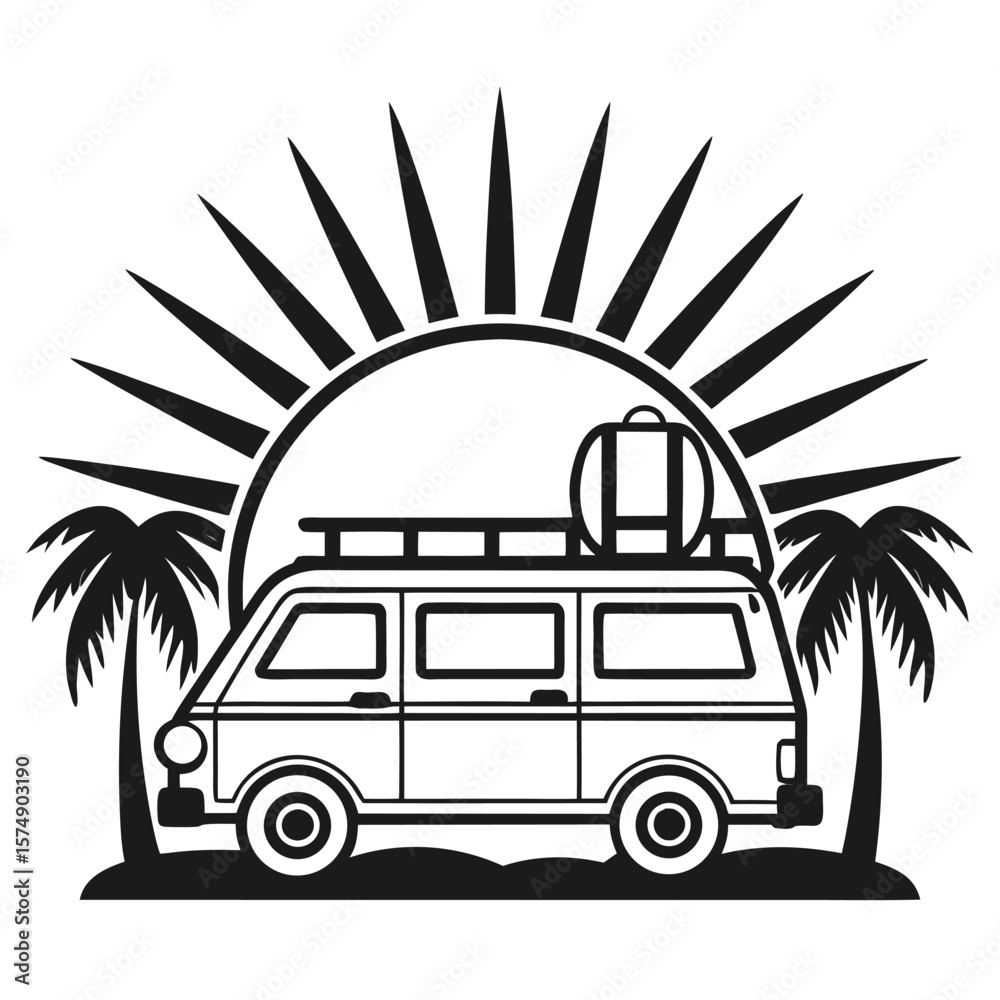 Obraz premium Retro Van Life Adventure Beach Sunset Palm Trees Summer Vacation Travel Road Trip