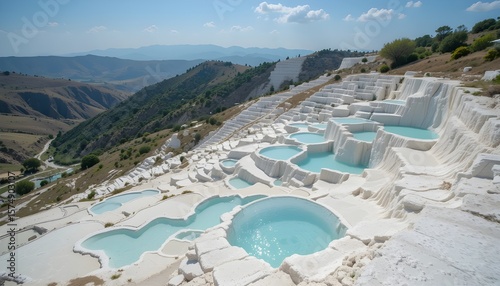 There are white travertine terraces with mineral-rich baby blue thermal waters on a mountainside near Pamukkale, Turkey.  A wilderness outdoor spa, a vacation destination, a serene environment...