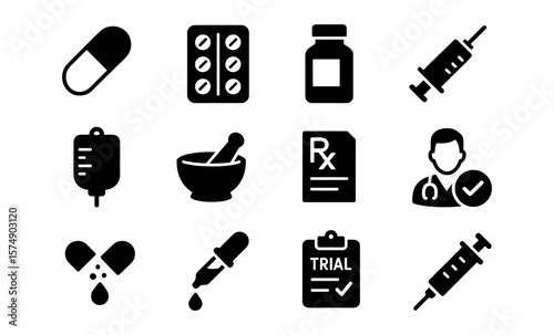 Healthcare icons: medical supplies and tools in black silhouette style