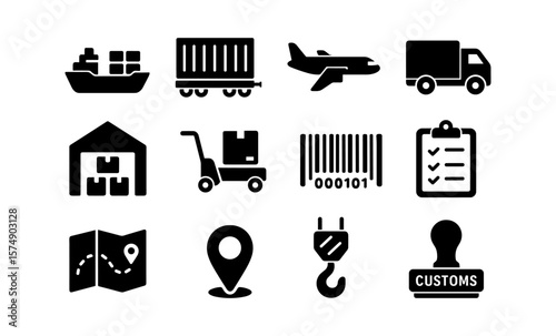 Black silhouette icons of transportation and logistics elements