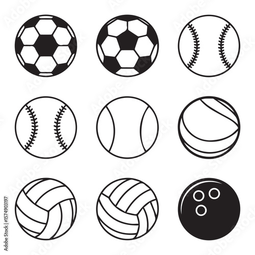 A collection of various sports balls including soccer, baseball, tennis, volleyball, and bowling balls