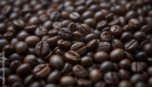 Close-up of damp, recently cleaned coffee beans used as a film backdrop.  Brown, dew, water droplets, chilly, deep, dark colours, brewing technique, and product image