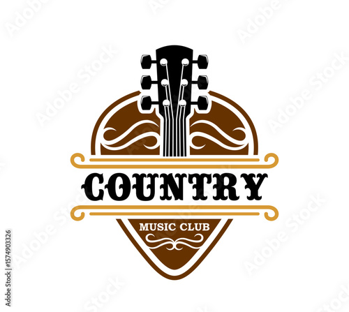 Country music club icon or festival symbol. Country folk music festival, music equipment store vector icon, live signing concert sign. Wild West music club guitar pick shape emblem with typography