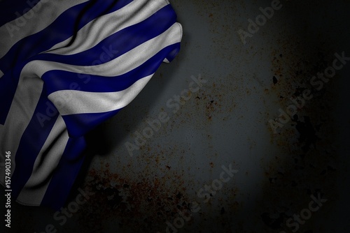cute dark photo of Greece flag with large folds on rusty metal with empty space for content - any holiday flag 3d illustration
