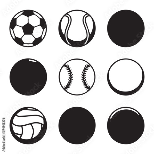 A collection of sports balls like soccer, tennis, and baseball, alongside solid and empty circles