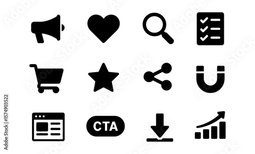 Marketing funnel icons set with symbols for awareness, interest, purchase, loyalty, and conversion in silhouette style