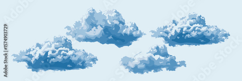 Cloud puffs floating in blue sky on white background – Suitable for weather graphics, children’s themes, or digital nature mockups.