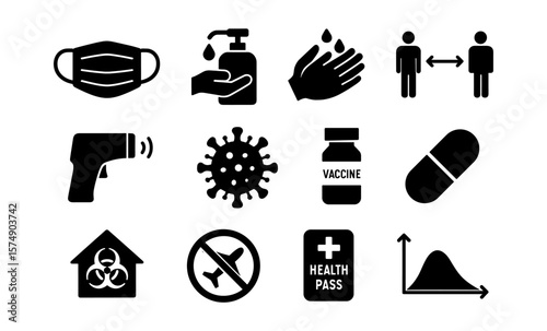 Essential health and safety icons: mask, sanitizer, vaccine, social distance